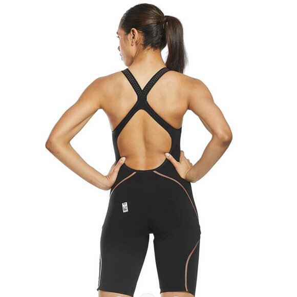 SPEEDO FASTSKIN LZR PURE INTENT OPEN BACK KNEESKIN TECH SUIT SZ 24 BLACK GOLD - Picture 2 of 12